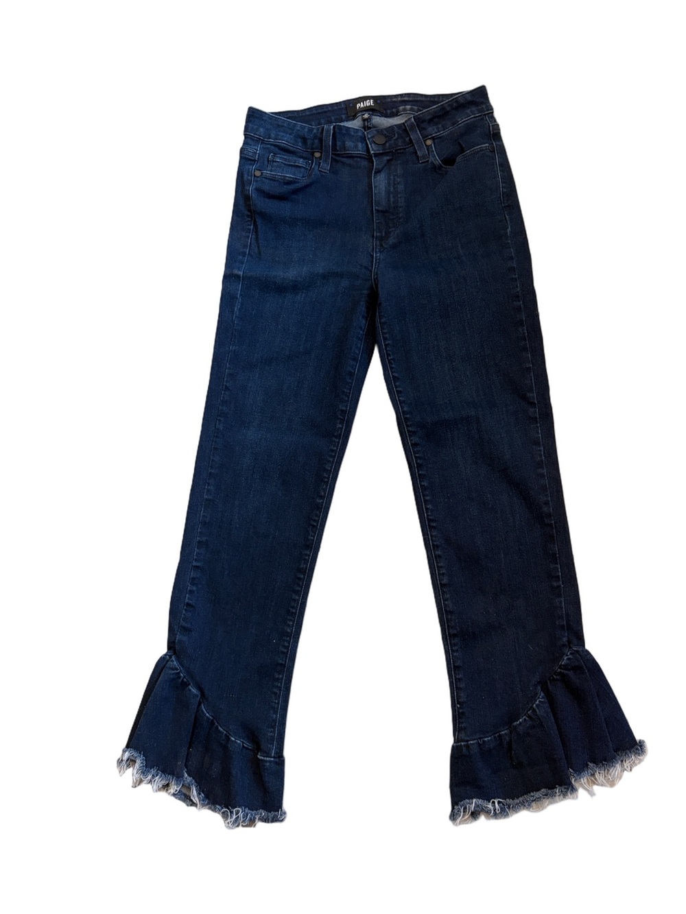 PAIGE Sz 28 Dark Indigo straight Jeans Frayed Ruffle Hem. Denim casual cropped